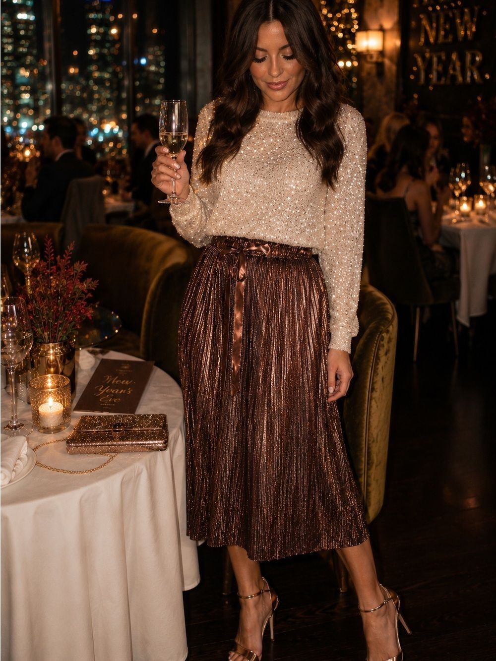 Modcloth Metallic Skirt Glitz The Metallic Midi Skirt Tie Elastic Bronze S NWT